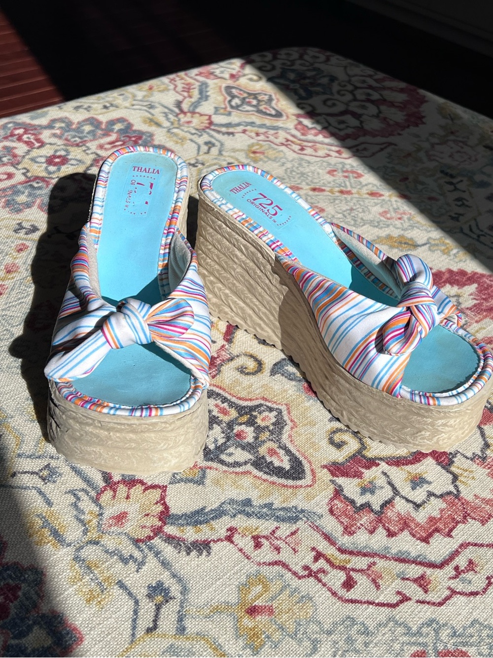 Vintage Y2K Striped Satin Platform Espadrille Wedge Flip Flop Sandals Sz 7 / 38 - Picture 2 of 6